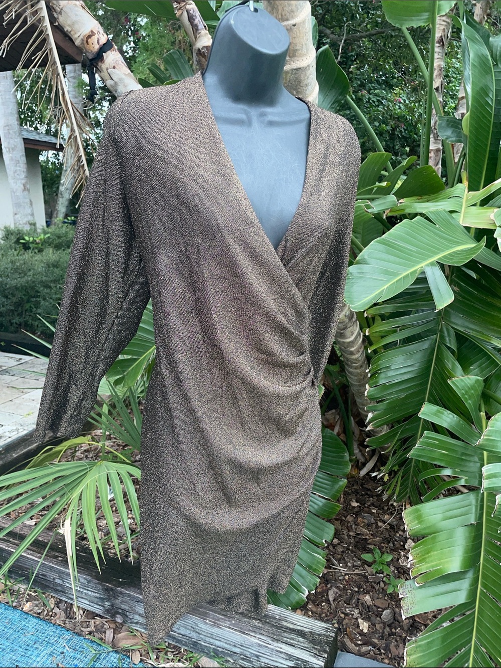 DKNY gold bronze wrap, long sleeve asymmetric dress